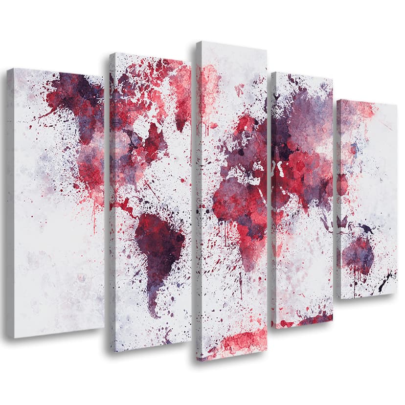 Stampa su tela 5 pezzi Mappa del mondo Rosso