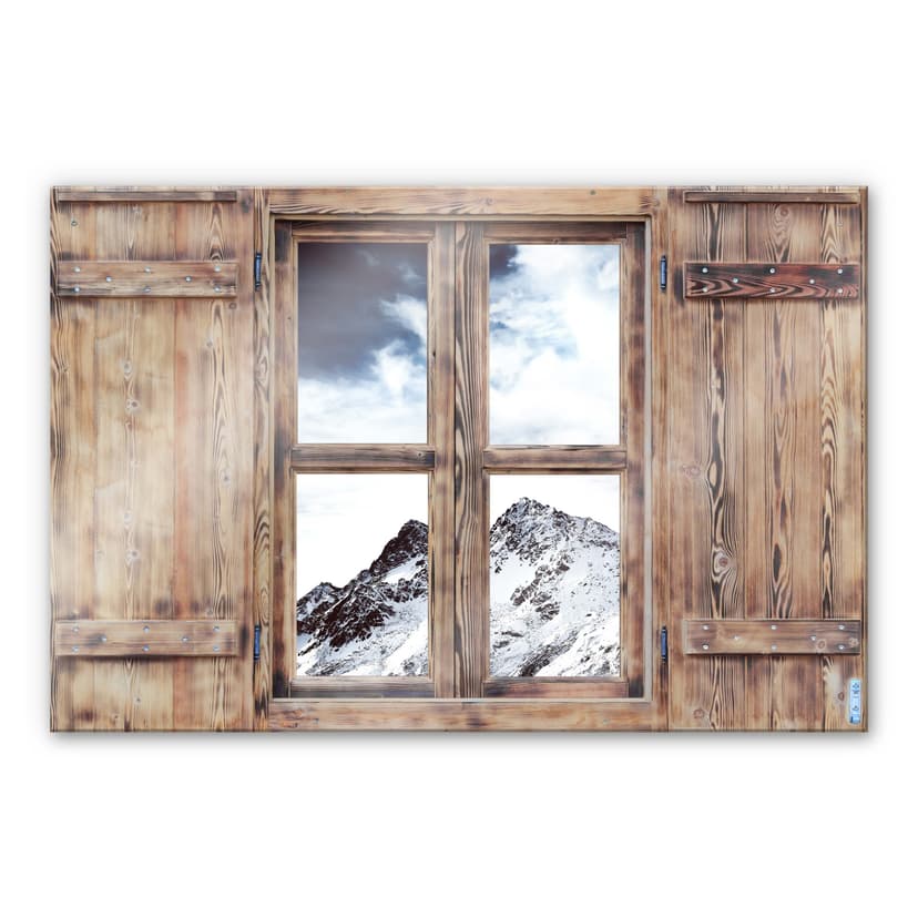 Glasbild 3D Holzfenster - Snow Mountain