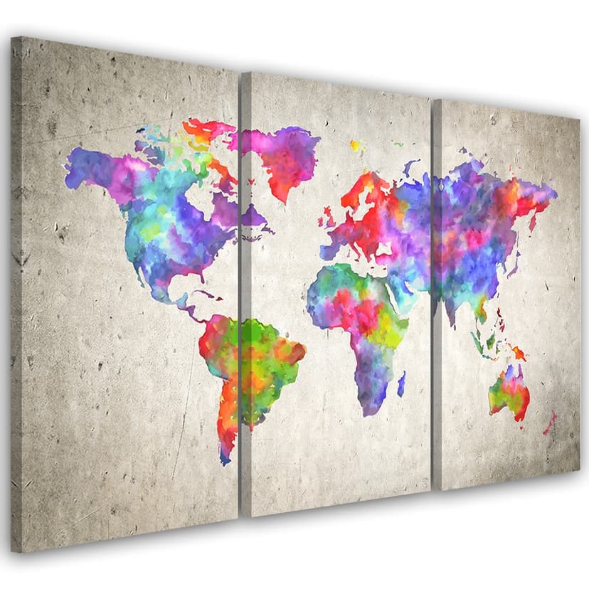 Stampa su tela 3 pezzi, mappa del mondo colorata