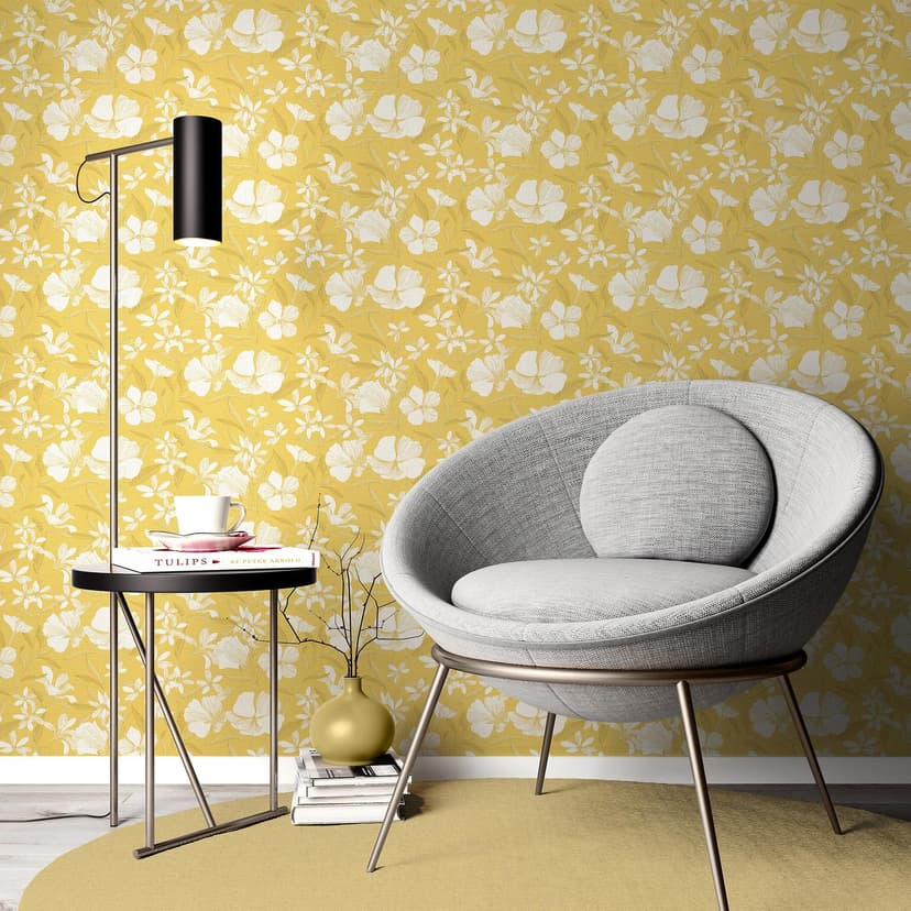 Carta da parati in tessuto non tessuto, carta da parati a motivi floreali La Terrasse giallo, beige