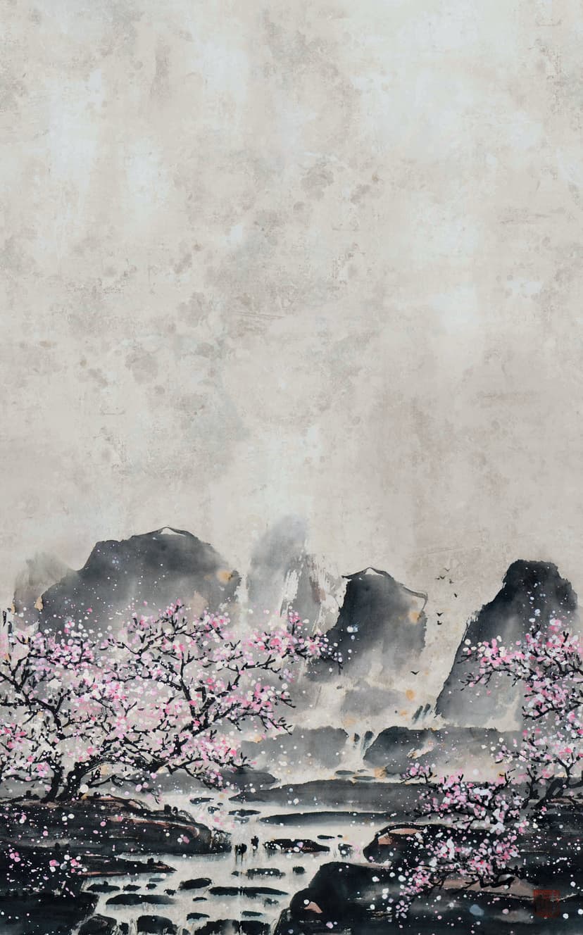 Fotomurale con motivo acquerello montagne con fiori di ciliegio in grigio rosa 3,4 x 2,12 m
