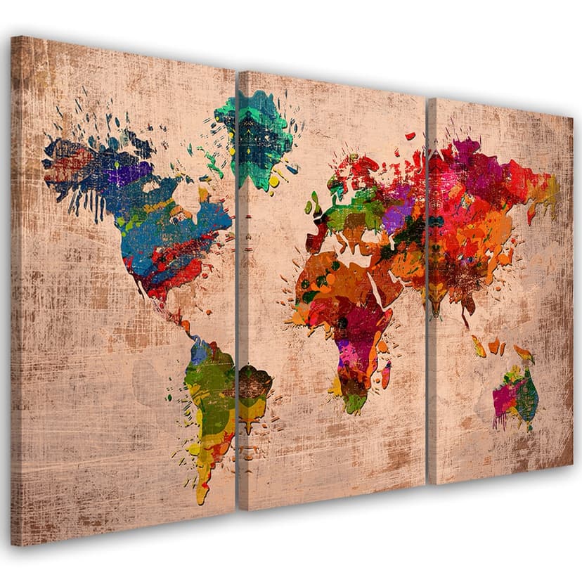 Stampa su tela 3 pezzi Mappa del mondo colorata