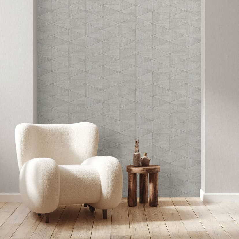 Carta da parati in tessuto non tessuto con motivo geometrico, grafica a triangoli beige, grigio