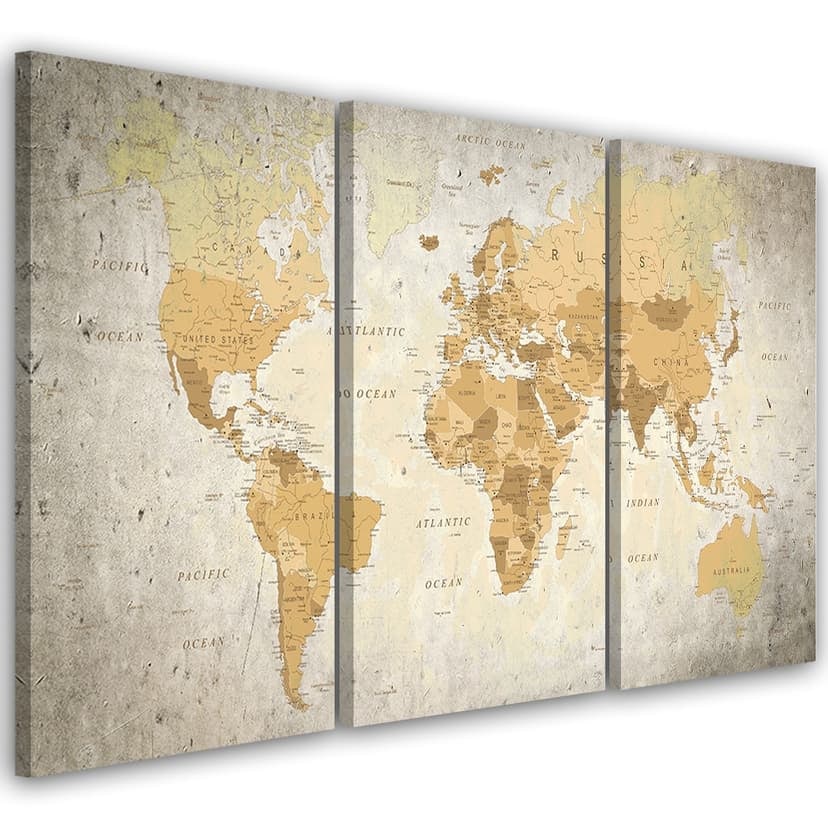 Stampa su tela 3 pezzi Mappa del mondo retrò marrone