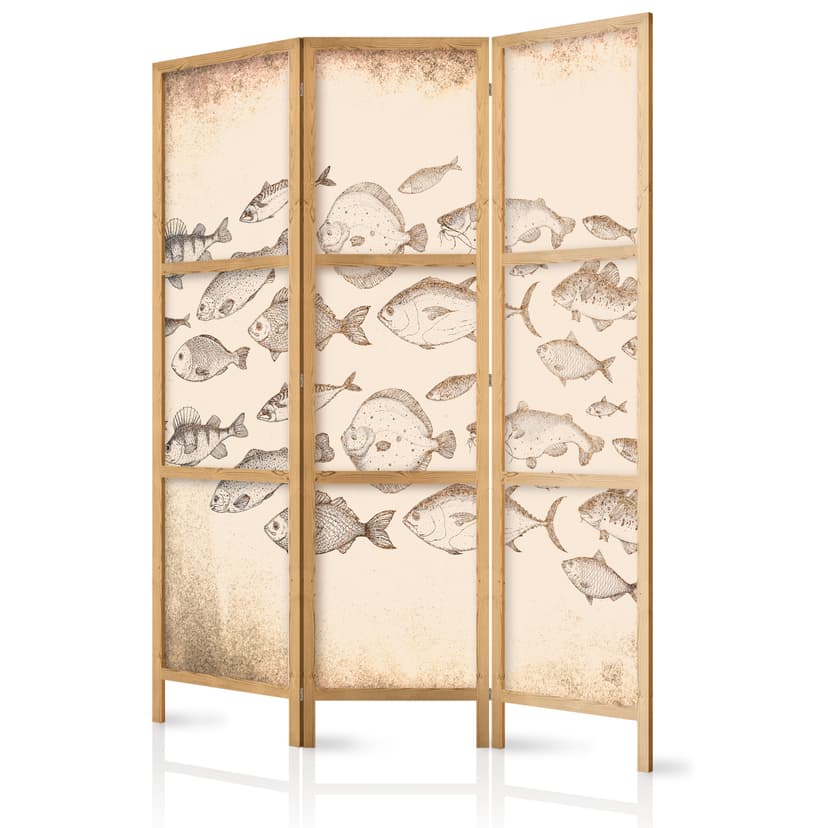 Japanischer Paravent Raumteiler - Sketch of School of Fish, 3-teilig