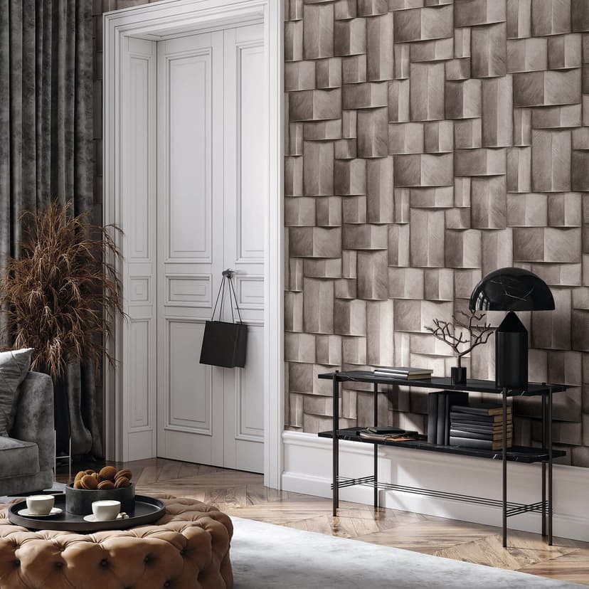 Carta da parati in tessuto non tessuto con motivi di legno geometrici marrone aspetto 3D