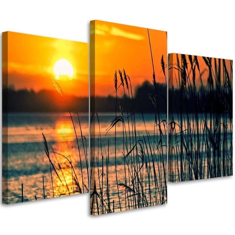 Stampa su tela 3 pezzi, Tramonto Lago Erba Natura