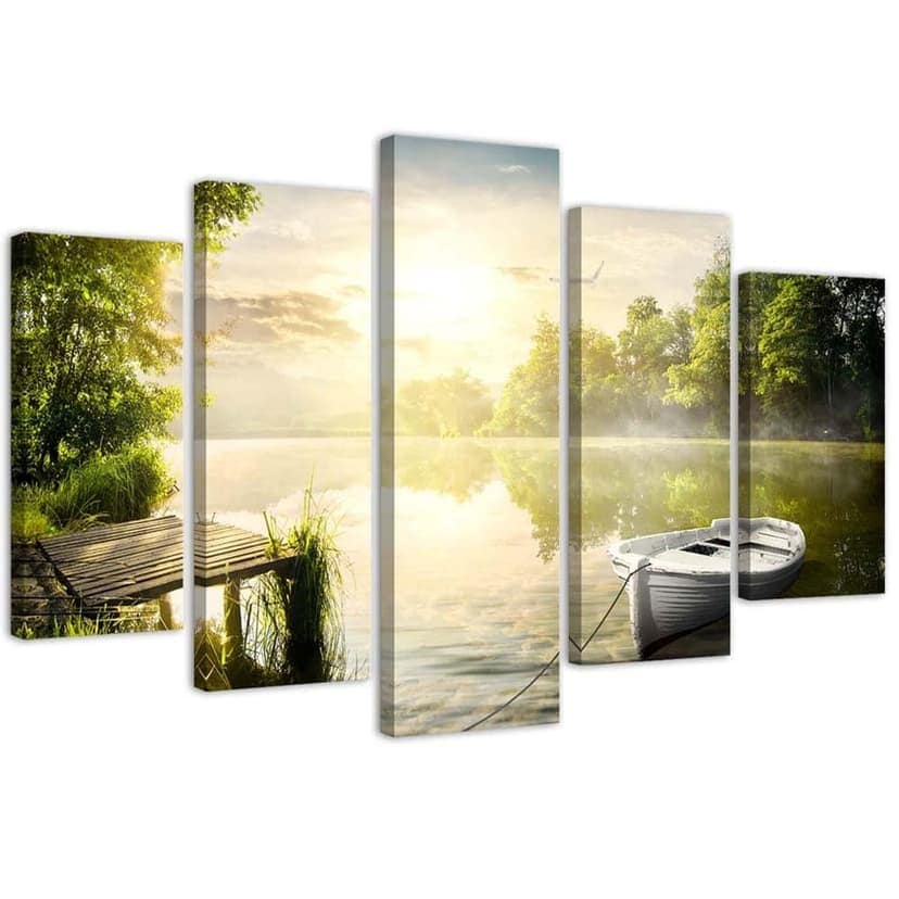 Stampa su tela 5 pezzi, lago all'alba