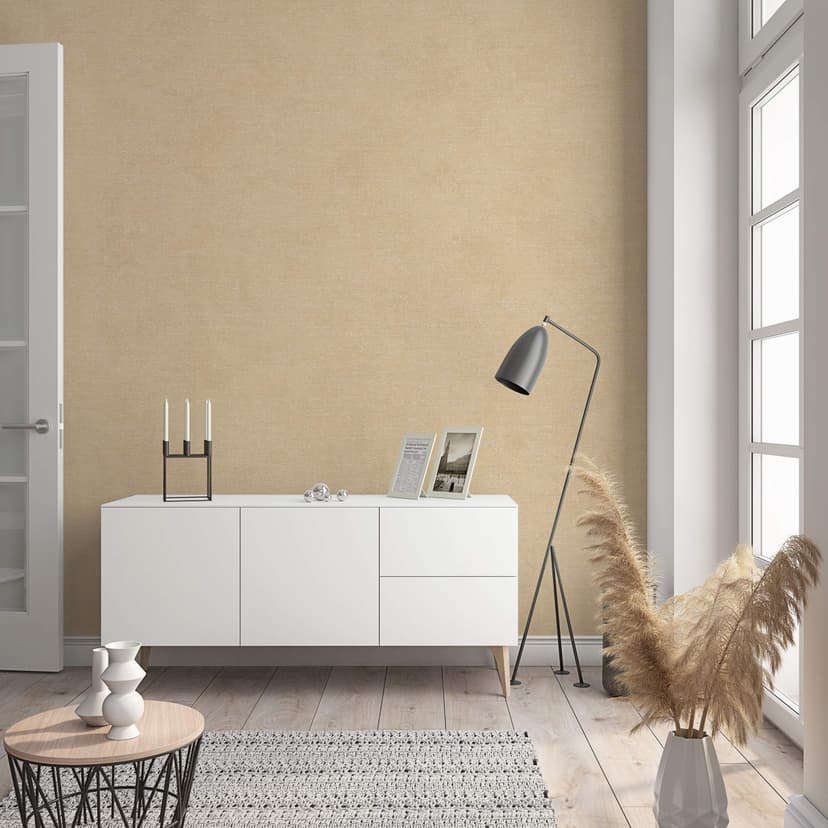 Carta da parati in tessuto non tessuto con look monocromatico moderno e texture in tinta unita beige