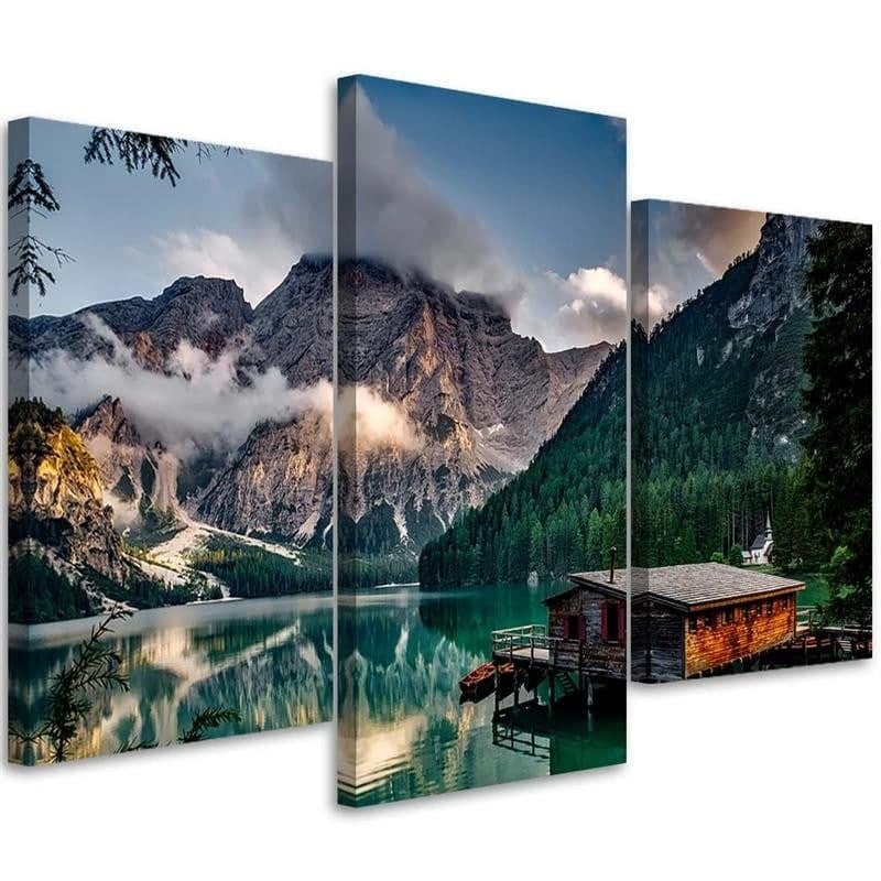 Stampa su tela 3 pezzi, Hut Mountains Lake Landscape