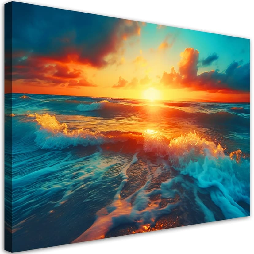 Stampa su tela, Tramonto e onde dell'oceano