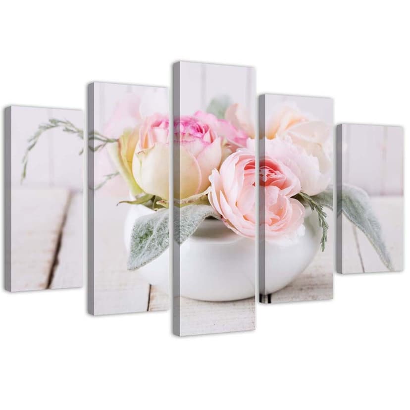 Stampa su tela 5 pezzi, vaso di rose fiori naturali