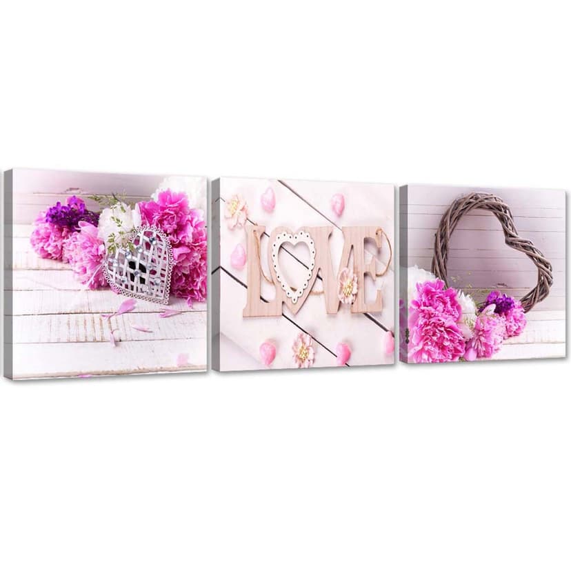 Stampa su tela 3 pezzi, fiore rosa scritta LOVE