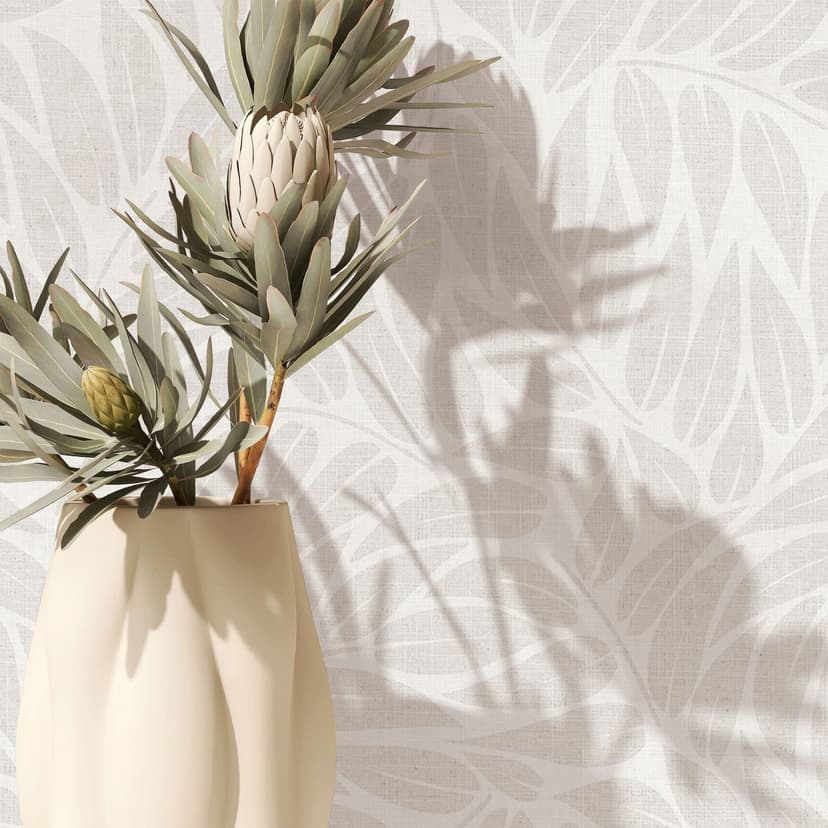 Carta da parati da parati in tessuto non tessuto con foglie di natura floreale opaca in bianco grigio