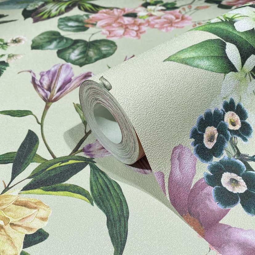 Carta da parati, carta da parati floreale non tessuta Flora beige, rosa