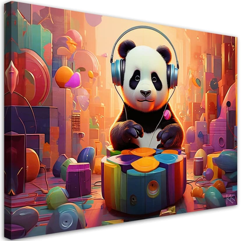 Stampa su tela, panda con cuffie