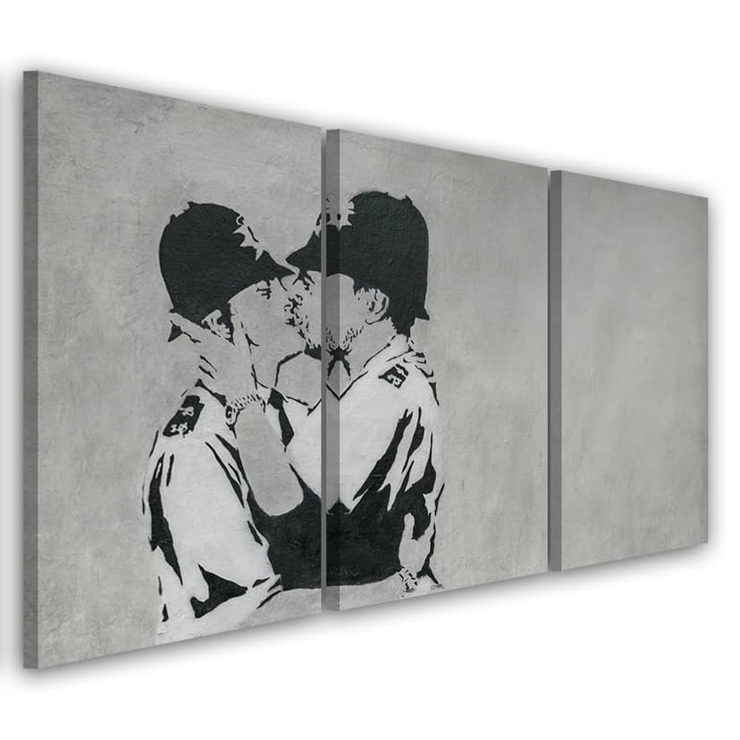 Stampa su tela 3 pezzi, Banksy bacia poliziotti