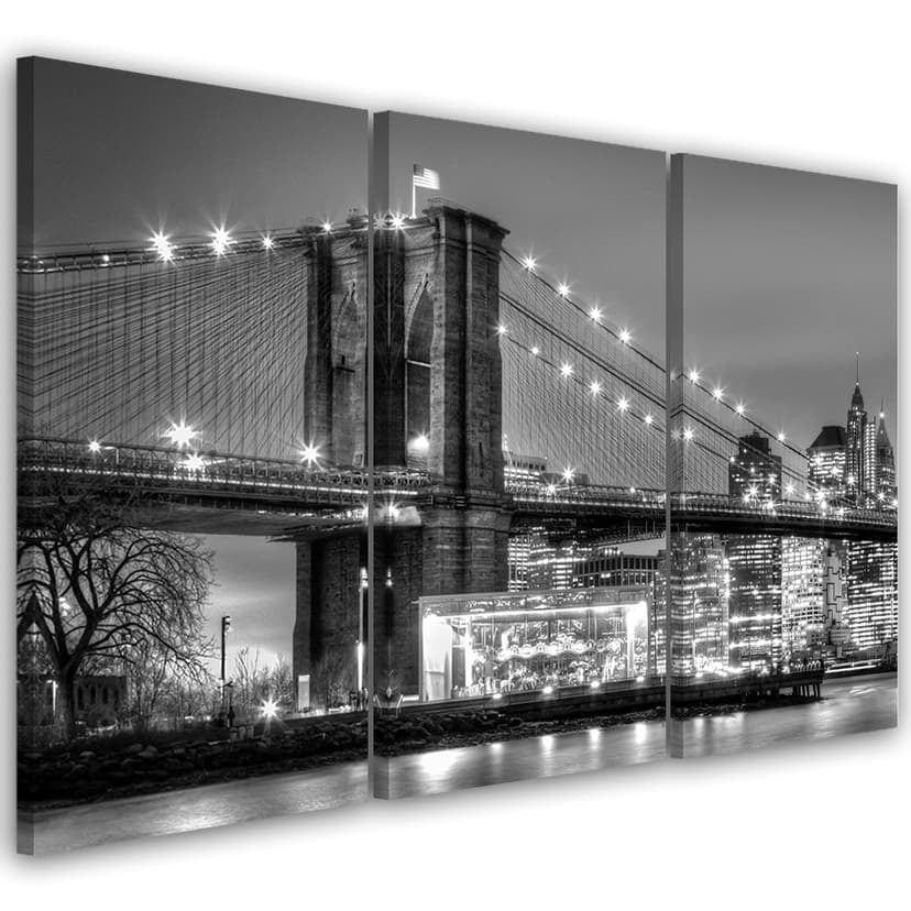 Stampa su tela 3 pezzi, Manhattan Brooklyn Bridge New York