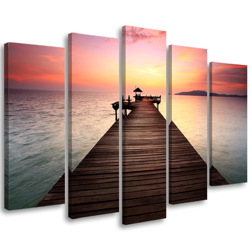 Stampa su tela 5 pezzi, Jetty Beach Sea Sunset