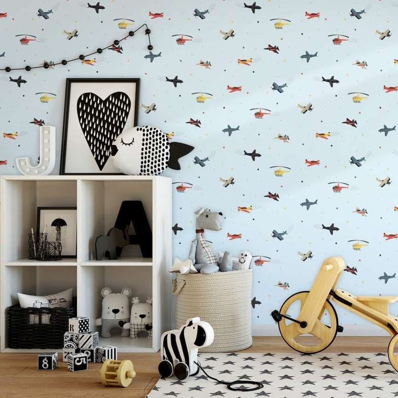 Carta da parati per bambini, carta da parati in tessuto non tessuto con illustrazione Kids Walls blu, colorata