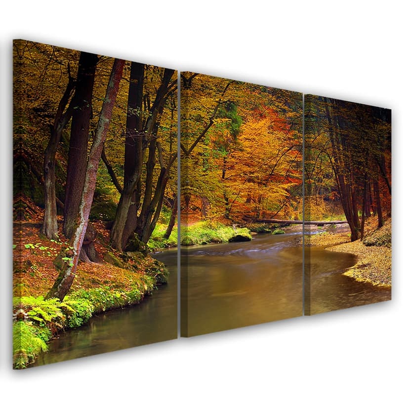 Stampa su tela 3 pezzi, fiume foresta d'autunno