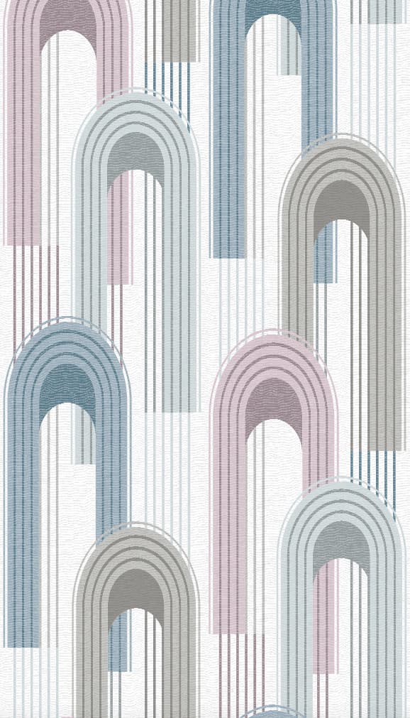 Carta da parati in tessuto non tessuto con motivi ad arco a tutto tondo in grigio, beige, grafica blu