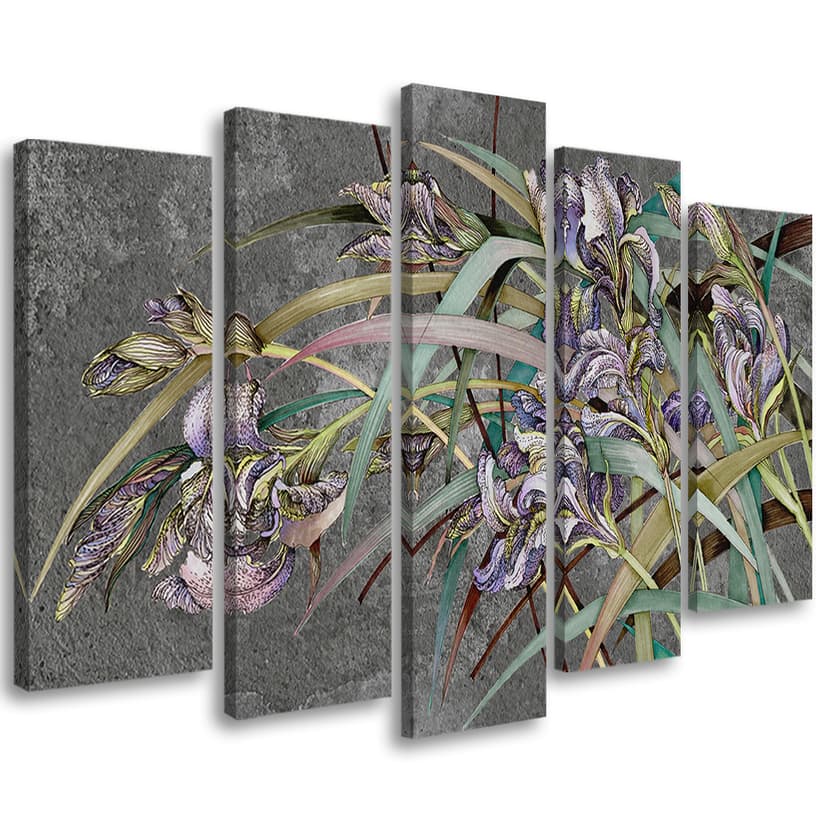 Stampa su tela 5 pezzi, fiori di iris nel vento