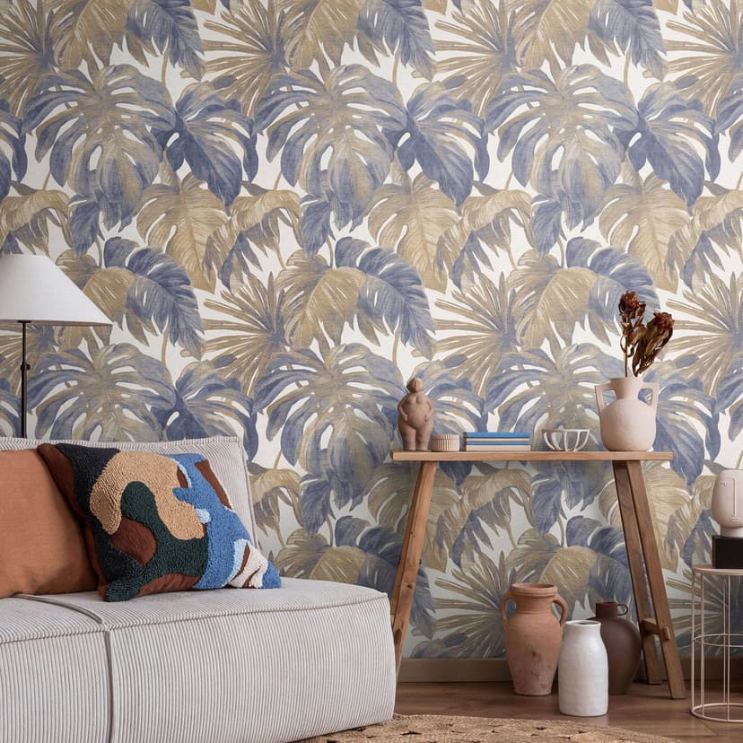 Carta da parati in tessuto non tessuto foglie tropicali in blu beige con monstera look moderno ed elegante