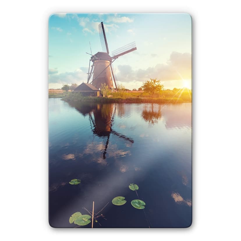 Glasbild Holländische Windmühle
