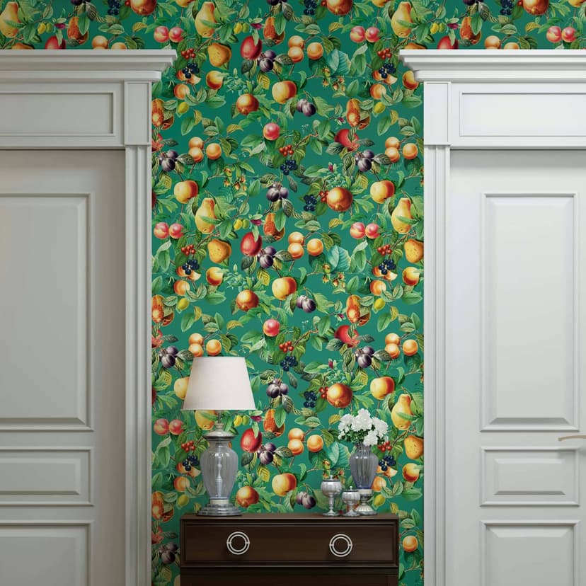 Carta da parati in tessuto non tessuto frutta, foglie, natura floreale opaca in verde