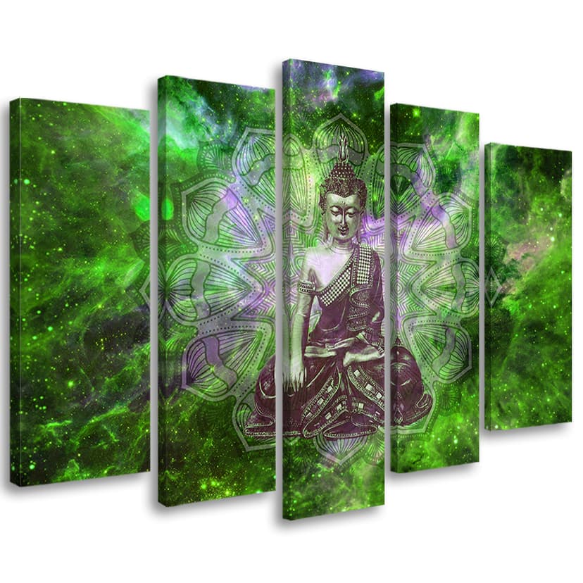 Stampa su tela 5 pezzi, Buddha Mandala Nature Green