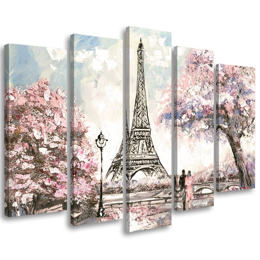 Stampa su tela 5 pezzi Torre Eiffel rosa pastello