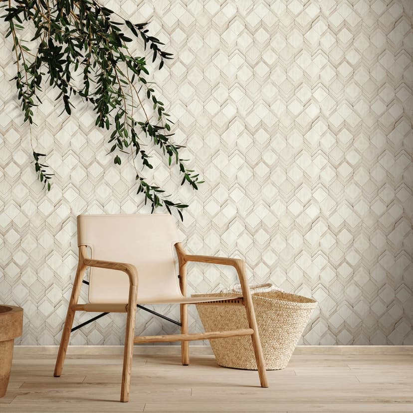 Carta da parati in tessuto non tessuto in bianco, beige, rombo, illusione 3D, aspetto moderno