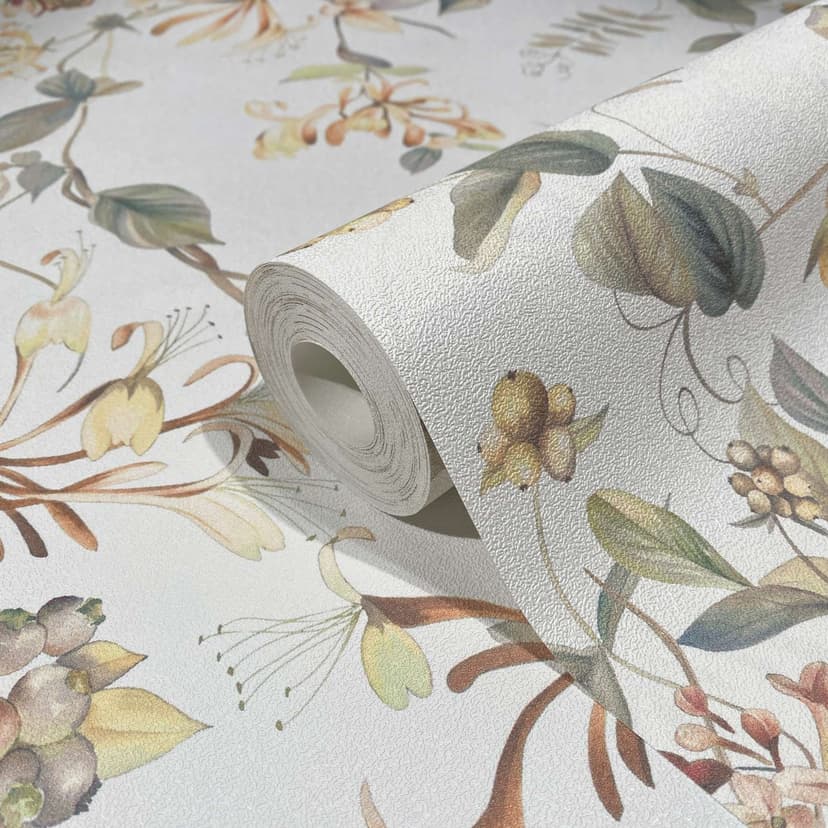 Carta da parati, tessuto non tessuto floreale Flora bianco, verde
