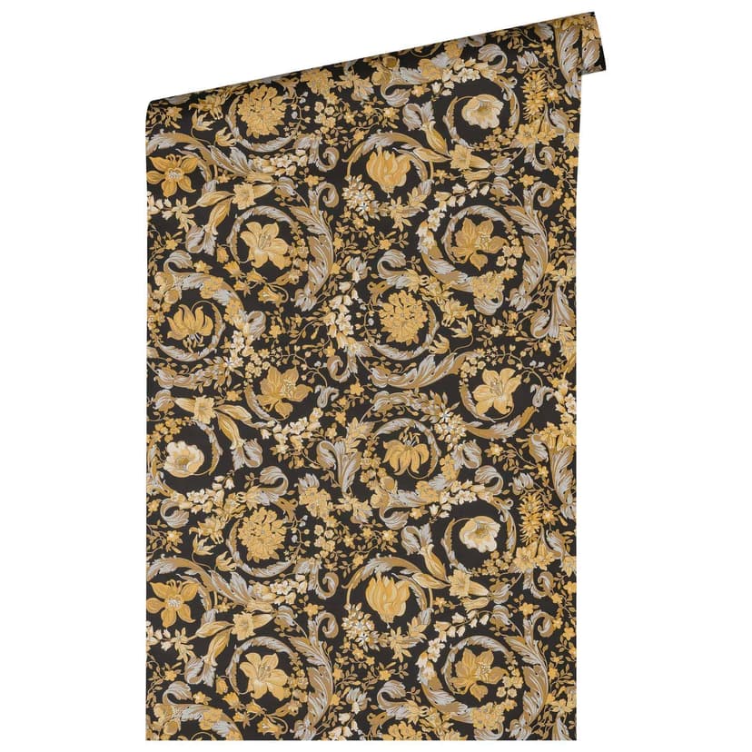 Carta da parati Versace con fiori in oro e nero Carta da parati non tessuta design floreale