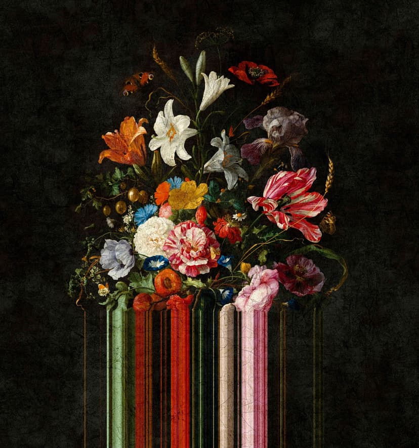 Fotomurale Barocco natura morta bouquet di fiori su sfondo scuro 3,4 x 3,18 m
