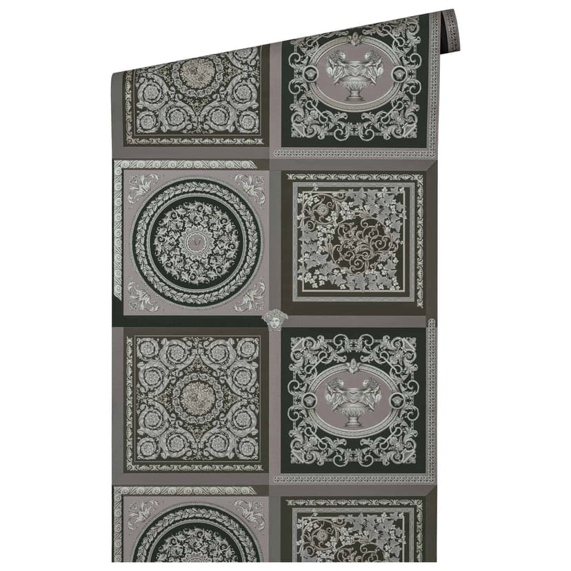 Carta da parati design Versace in argento e nero Carta da parati in tessuto non tessuto effetto barocco con viticci