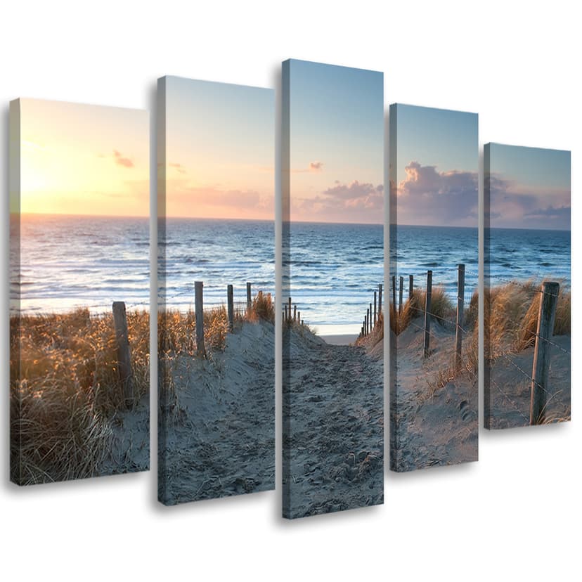 Stampa su tela 5 pezzi, tramonto sul sentiero della spiaggia del mare