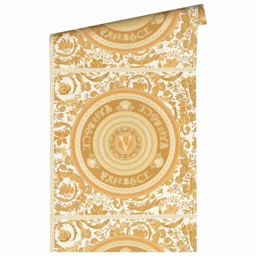 Carta da parati design Versace in oro e bianco Carta da parati in tessuto non tessuto con scritte Versace Design floreale