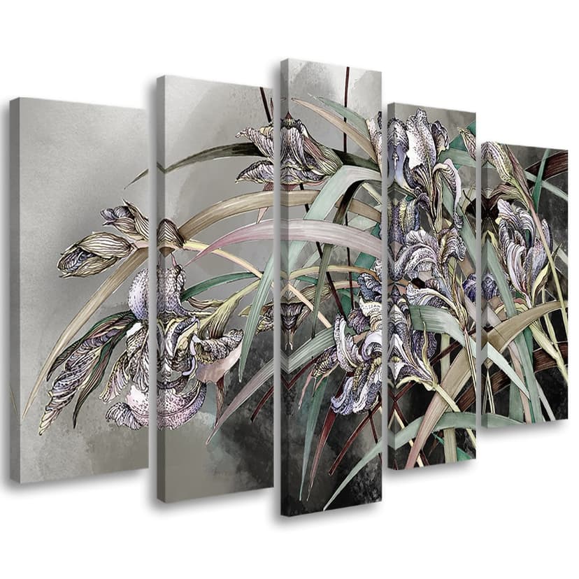 Stampa su tela 5 pezzi, fiori di iris nel vento