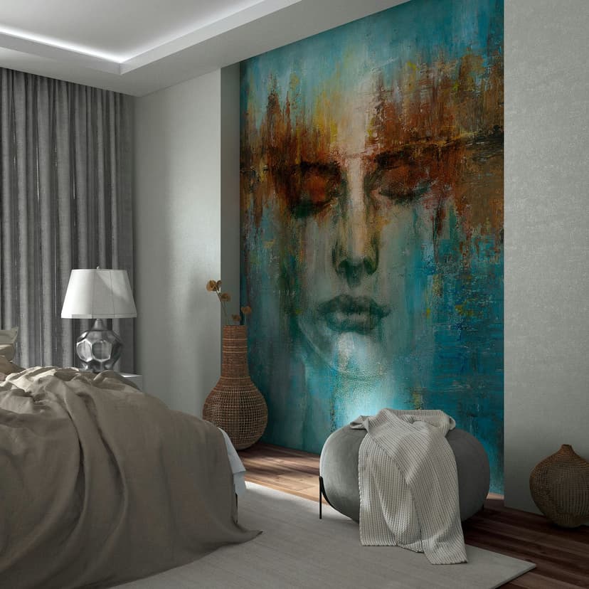 Fotomurale verde con grafica astratta di volti moderni 2,70 x 2,12 m