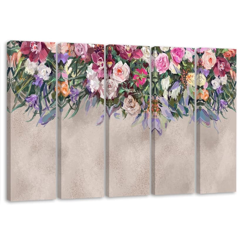Stampa su tela 5 pezzi, fiori ricoperti di vegetazione