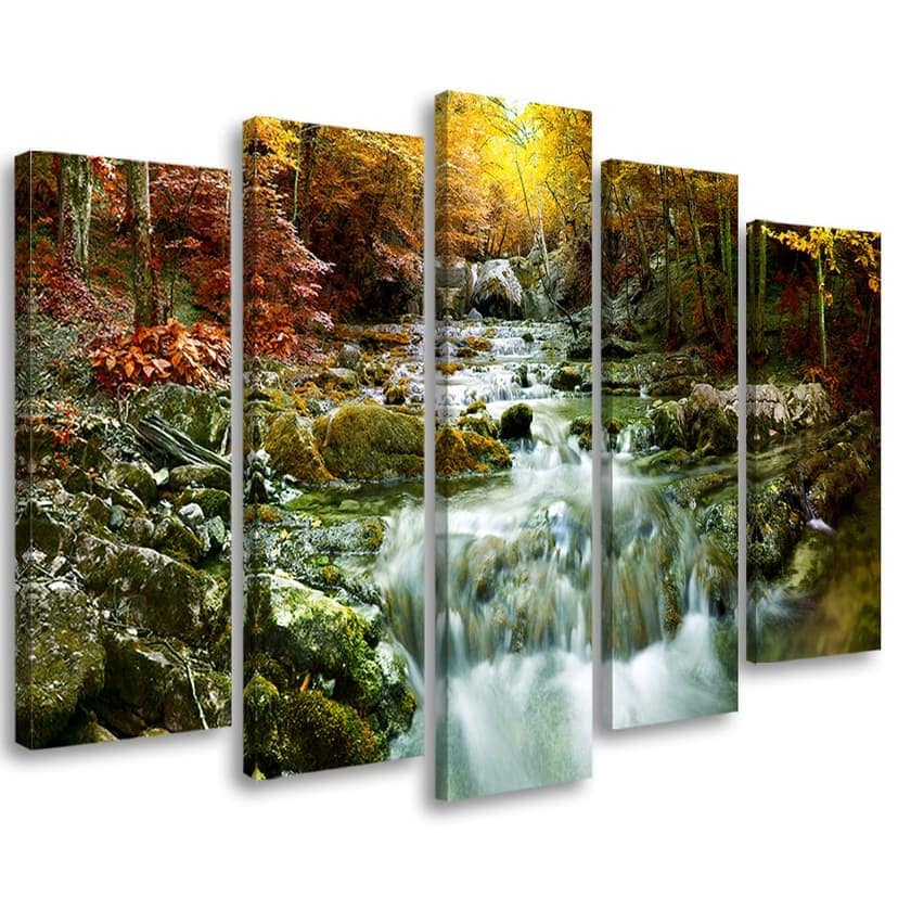 Stampa su tela 5 pezzi Rocce della cascata della foresta autunnale