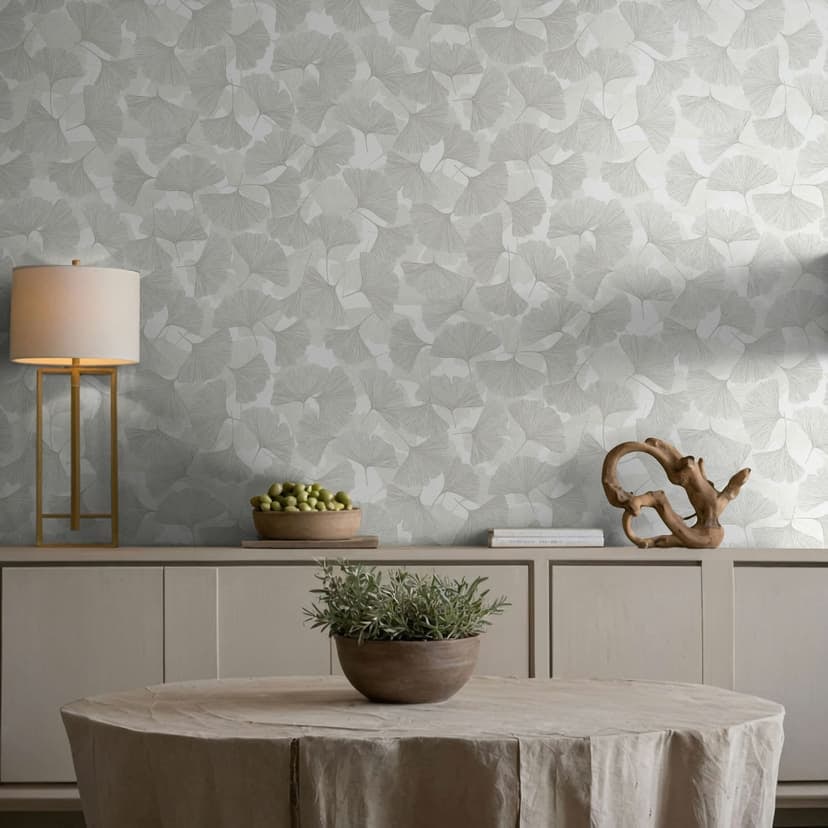 Carta da parati in tessuto non tessuto 3D, foglie, natura floreale opaca in grigio bianco