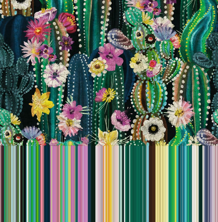 Fotomurale con motivo di cactus ad acquerello con fiori e punti 2,7 x 2,65 m