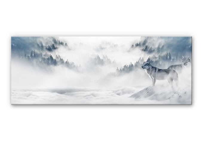 Stampa su vetro acrilico Lupi sulla neve - Panorama
