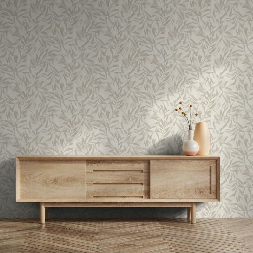 Carta da parati in tessuto non tessuto beige con foglie dall'aspetto vintage e floreale