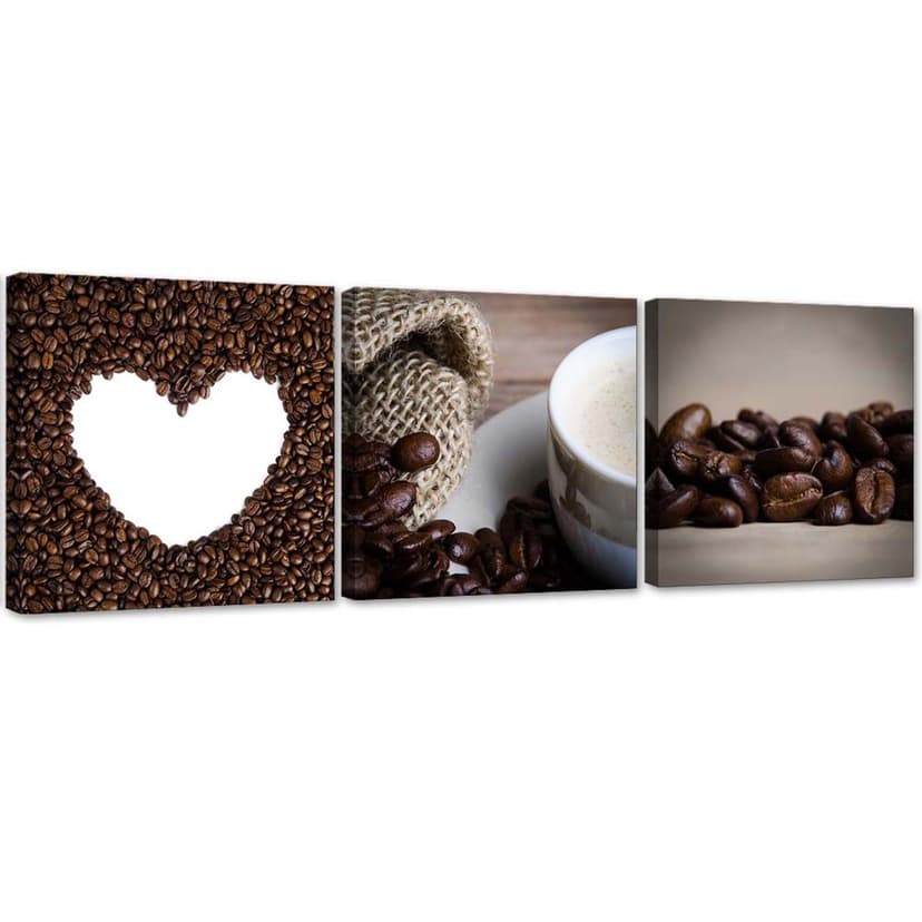 Stampa su tela 3 pezzi, cuore di chicco di caffè
