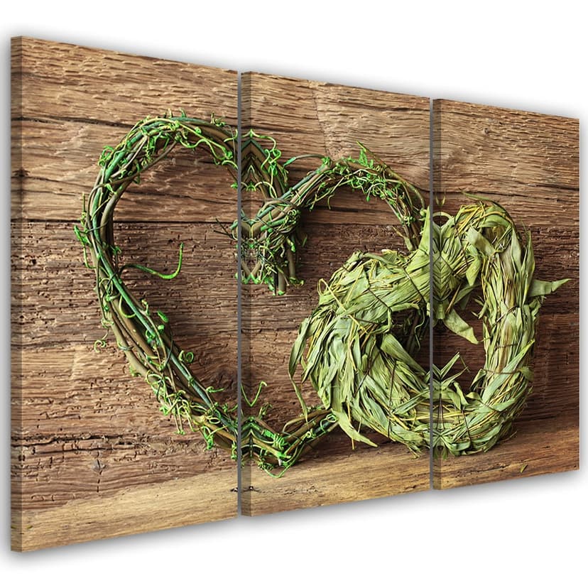 Stampa su tela 3 pezzi cuore legno erbe verde