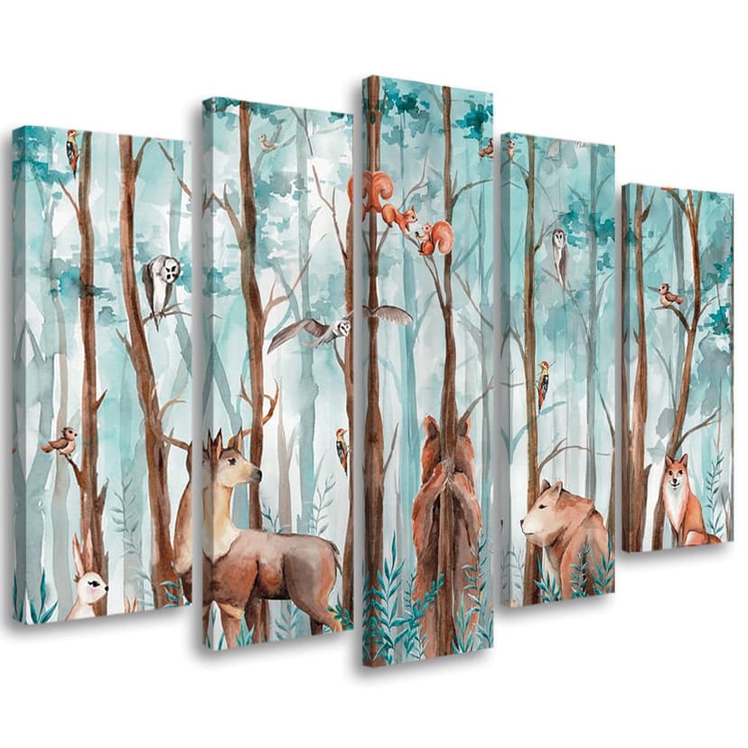 Stampa su tela 5 pezzi, animali della foresta cervo orso volpe